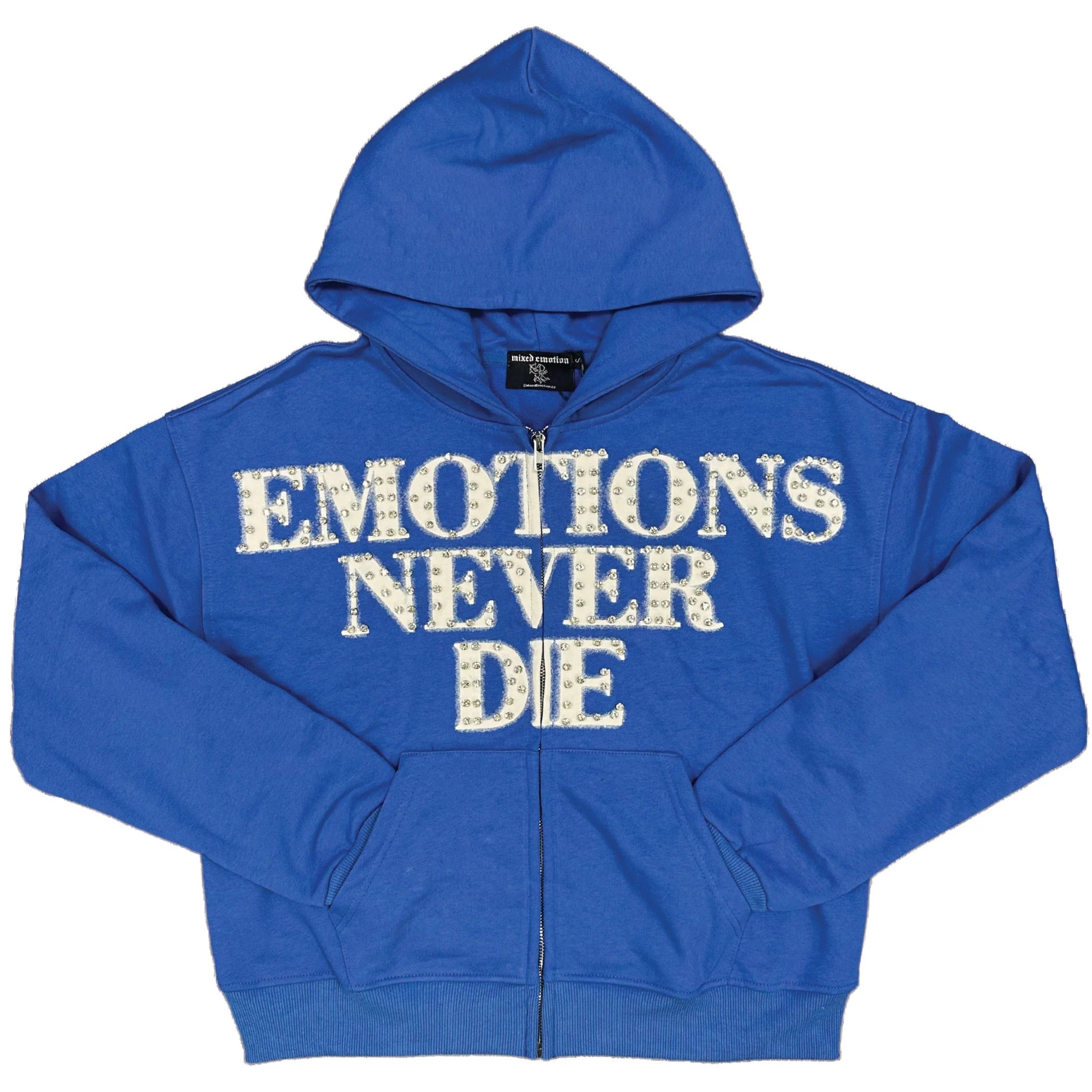 Mixed Emotion "Emotions Never End" Blue Rhinestone Zip Up Hoodie